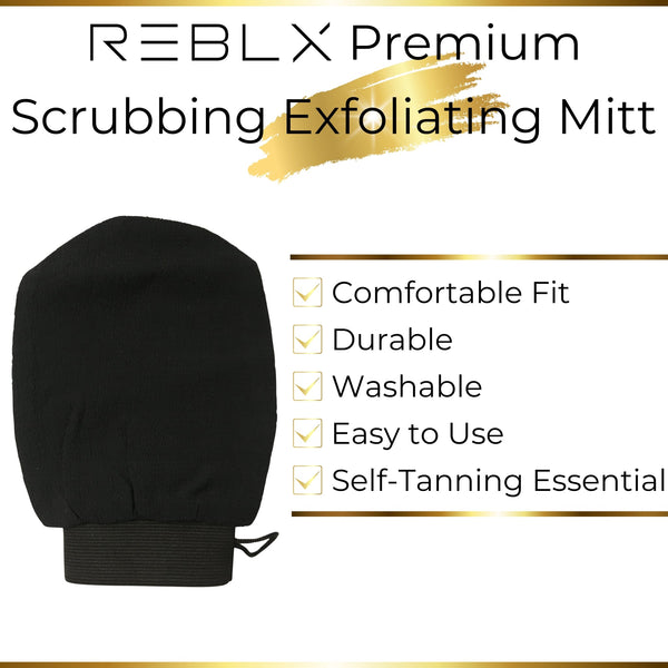 REBLX Premium Scrubbing Exfoliating Mitt - infographic. Comfortable fit, durable, washable, easy to use, self-tanning essential. 